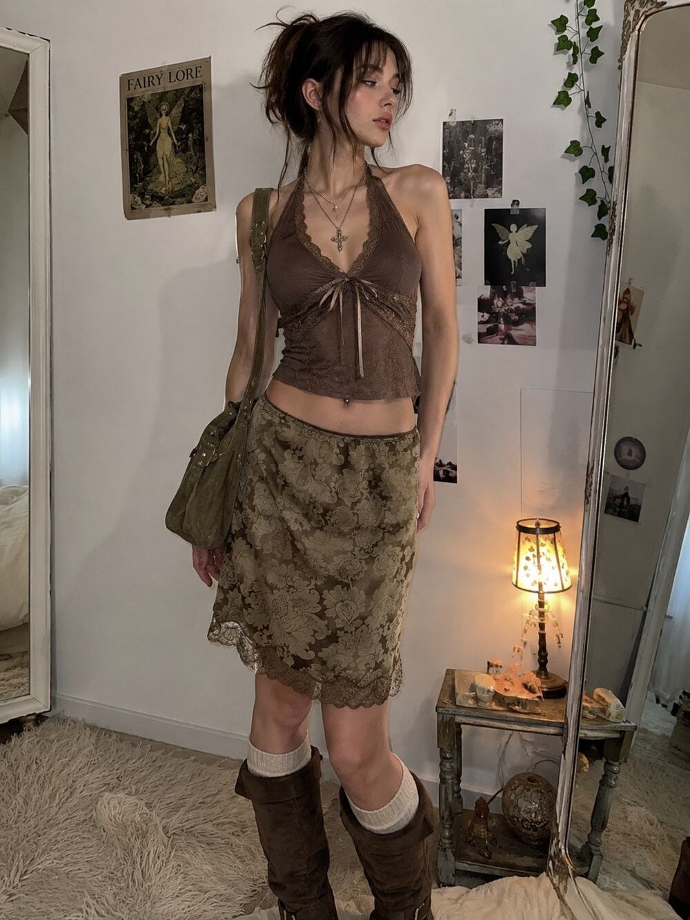 90s Y2K Fairy Grunge Vanity Fair M Green Brown Lace Trim Floral Sheer Slip Skirt